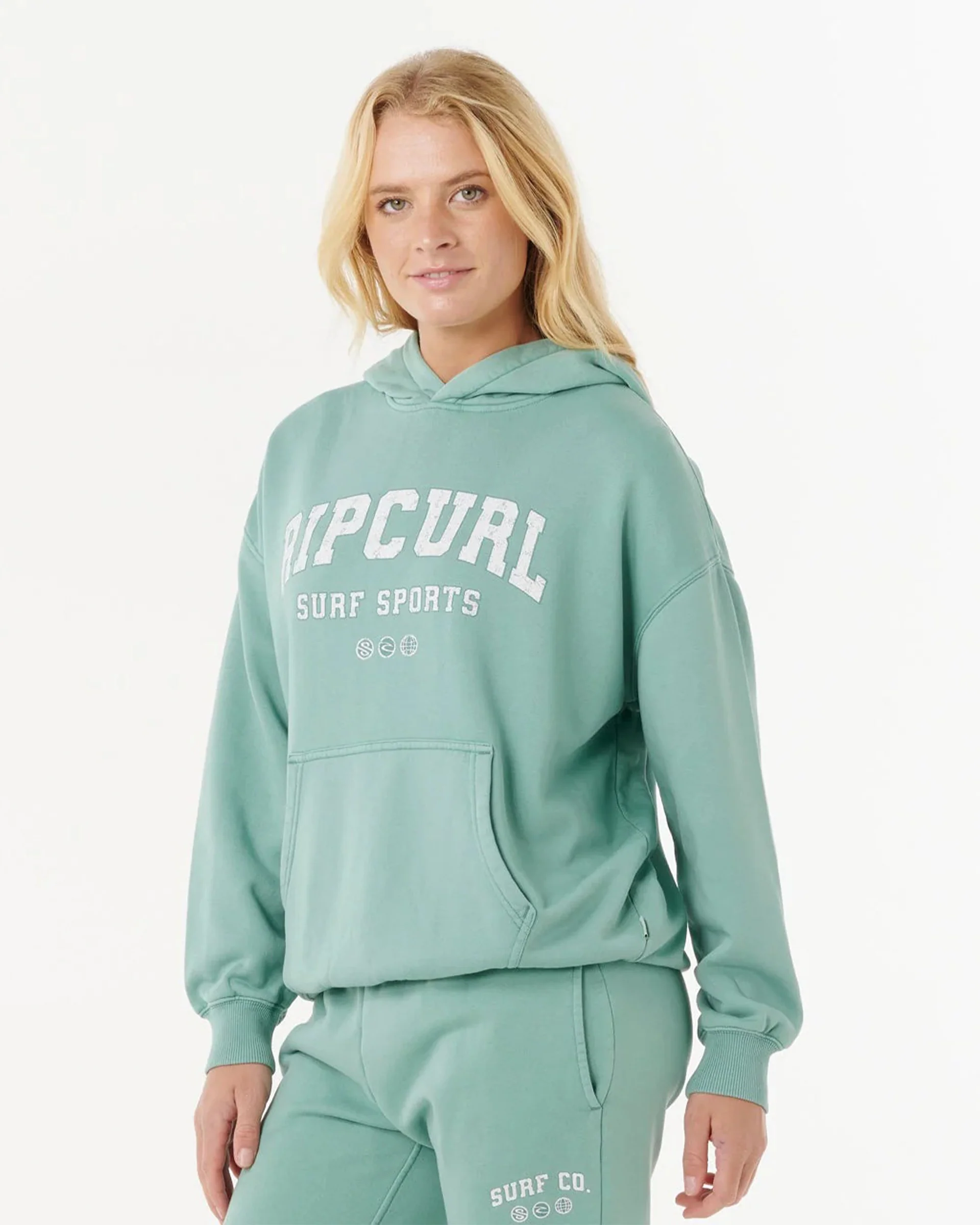 Women's Varsity Sports Pullover Hoodie - Blue Green - Image 2